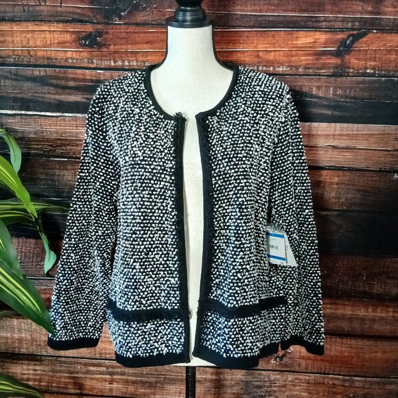 NWT Kasper XL Cardigan Sweater Jacket Blazer Knit Black Vanilla Ice Fringe - Picture 2 of 12